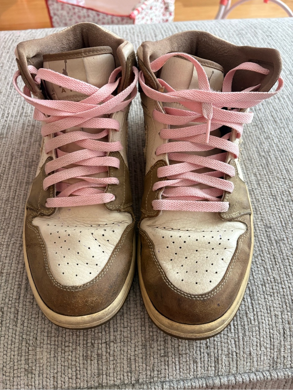 Women's Brown and White High-Top Sneakers with Pink Laces - Picture 2 of 6
